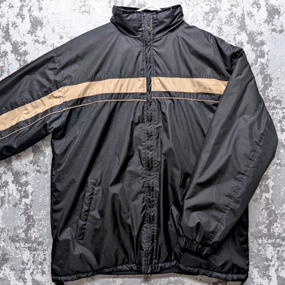KENPO Mens L Beige Black Stripe Fleece‎ Lined Hooded Jacket
